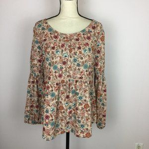 Knox Rose Boho Blouse Top Size M Womans White Red Floral Long Sleeve Boho Tassel